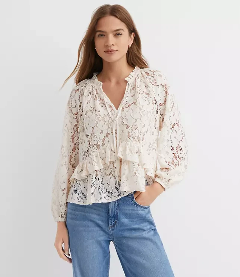 Floral Lace Ruffle Peplum Blouse