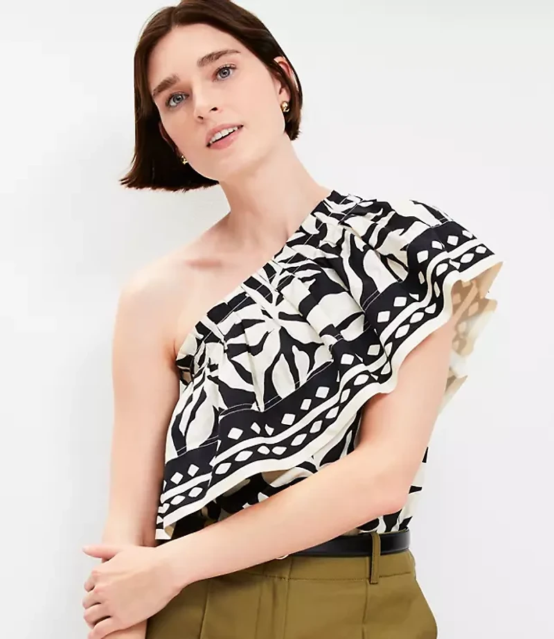 Petite Fern Poplin Ruffle One Shoulder Top