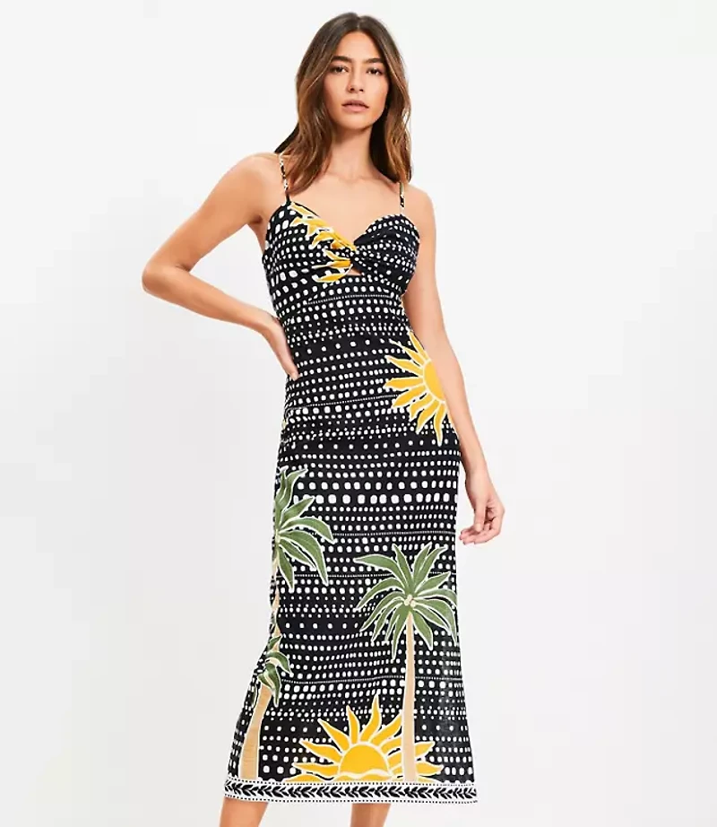 Petite LOFT Beach Palm Linen Cotton Cutout Twist Midi Dress
