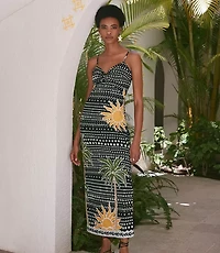 Petite LOFT Beach Palm Linen Cotton Cutout Twist Midi Dress