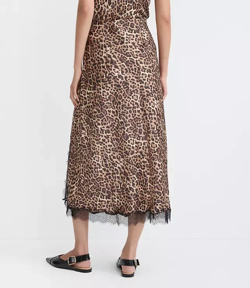 Leopard Print Lace Trim Satin Bias Midi Skirt