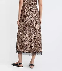 Leopard Print Lace Trim Satin Bias Midi Skirt