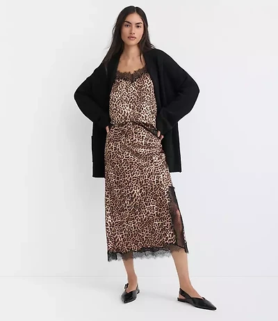 Leopard Print Lace Trim Satin Bias Midi Skirt