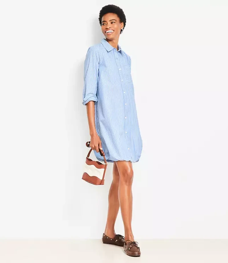 Striped Poplin Bubble Hem Mini Pocket Shirtdress