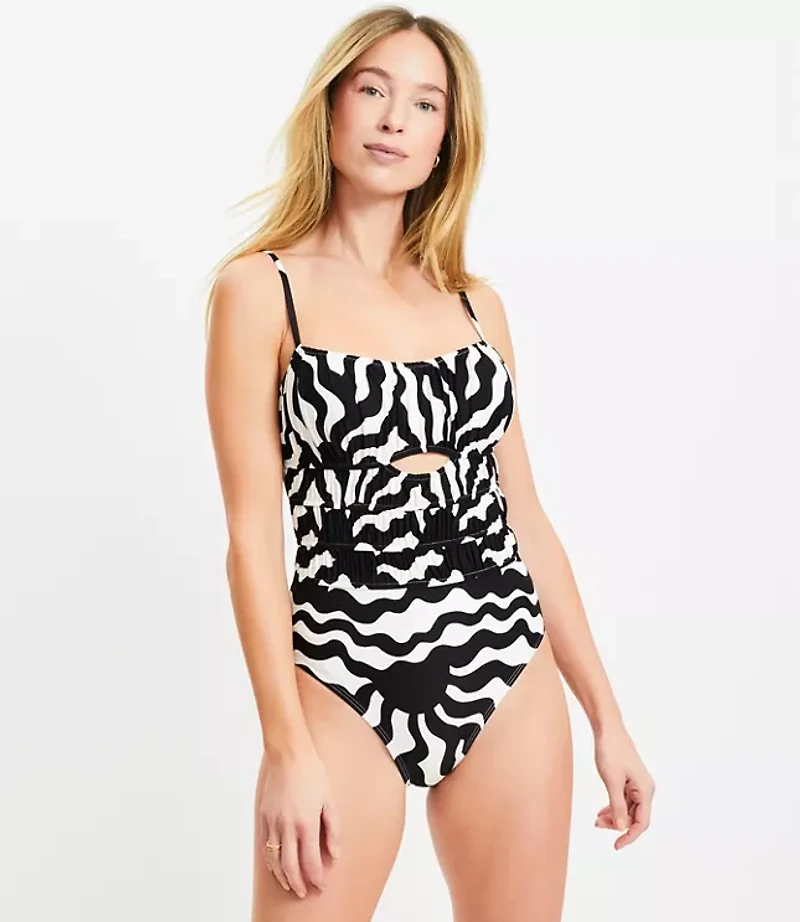 LOFT Beach Sunny Shirred Cutout One Piece Swimsuit
