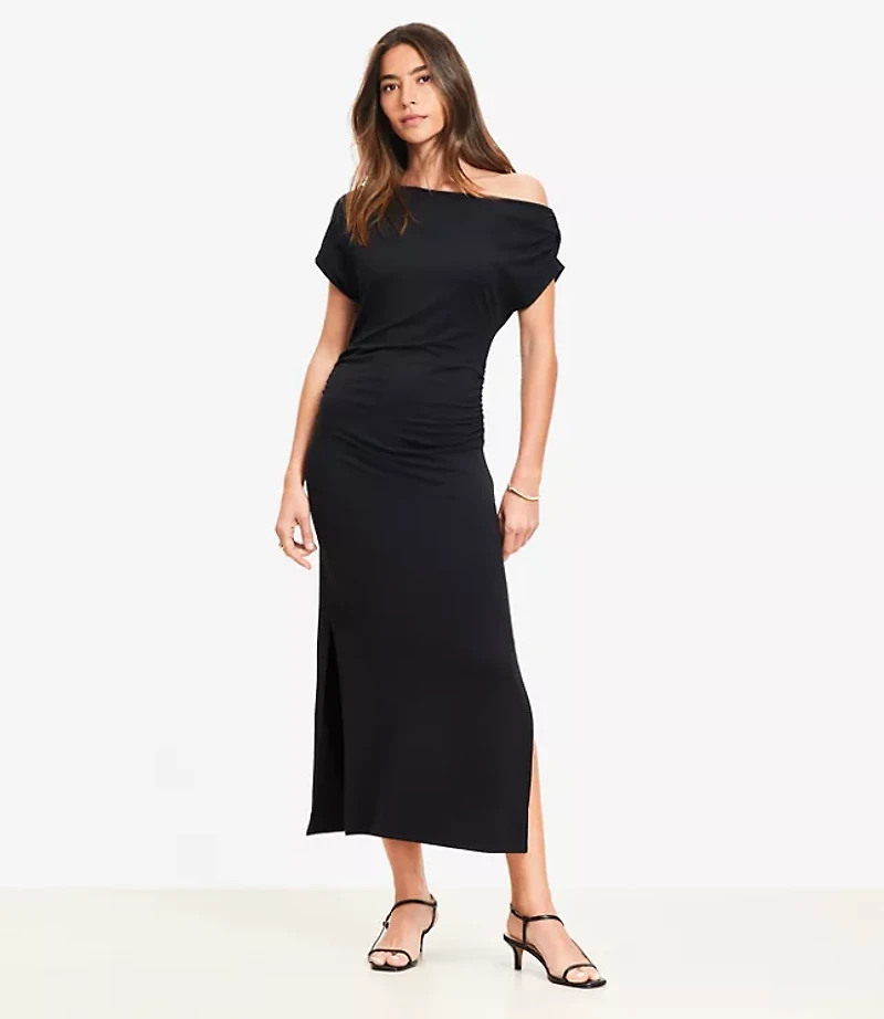 Asymmetrical Neck Ruched Mini Dress