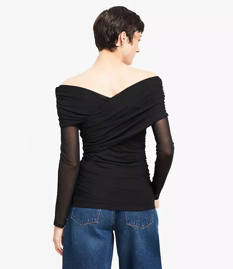 Mesh Ruched Off The Shoulder Top