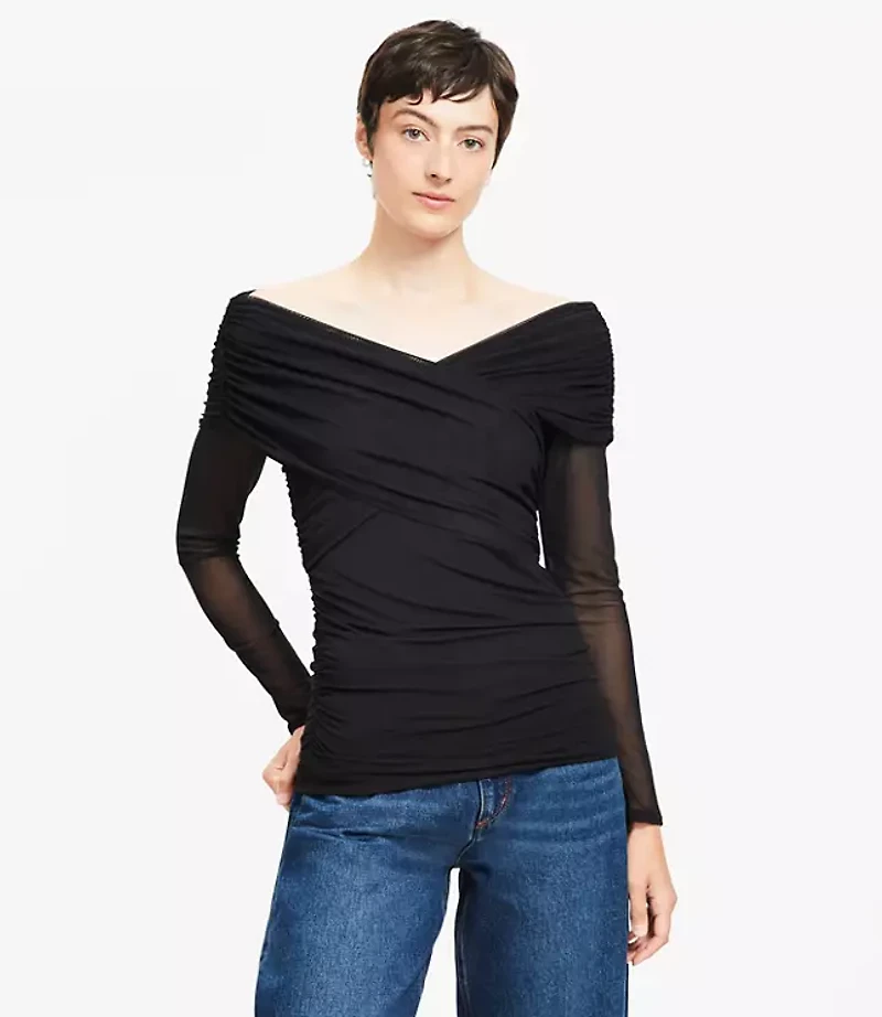 Mesh Ruched Off The Shoulder Top