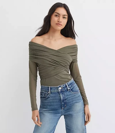 Mesh Ruched Off The Shoulder Top