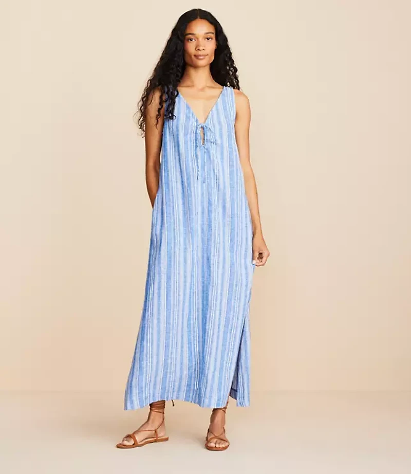 Lou & Grey Striped Linen Cotton Tie Keyhole Maxi Pocket Dress