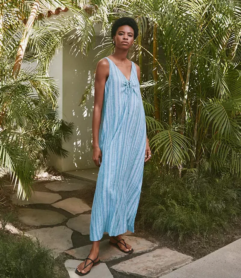 Lou & Grey Striped Linen Cotton Tie Keyhole Maxi Pocket Dress