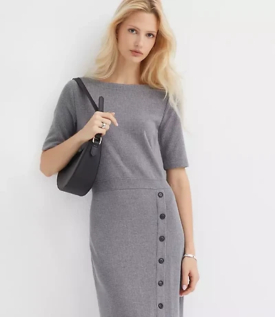 Ribbed Button Trim Midi Dress