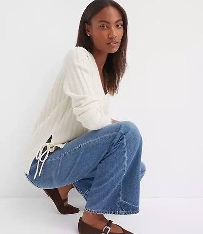 Side Bow Ribbed V-Neck Sweater