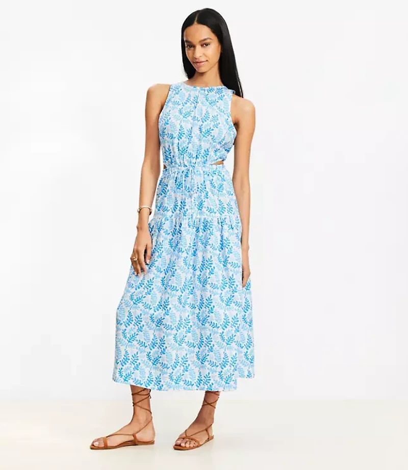 Petite Coral Side Cutout Linen Blend Midi Dress