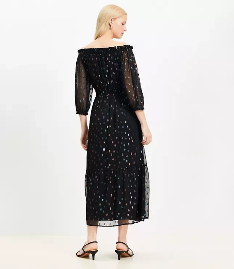 Petite Shimmer Clip Balloon Sleeve Off The Shoulder Midi Dress