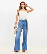 Petite Belted Palazzo Jeans Classic Mid Wash
