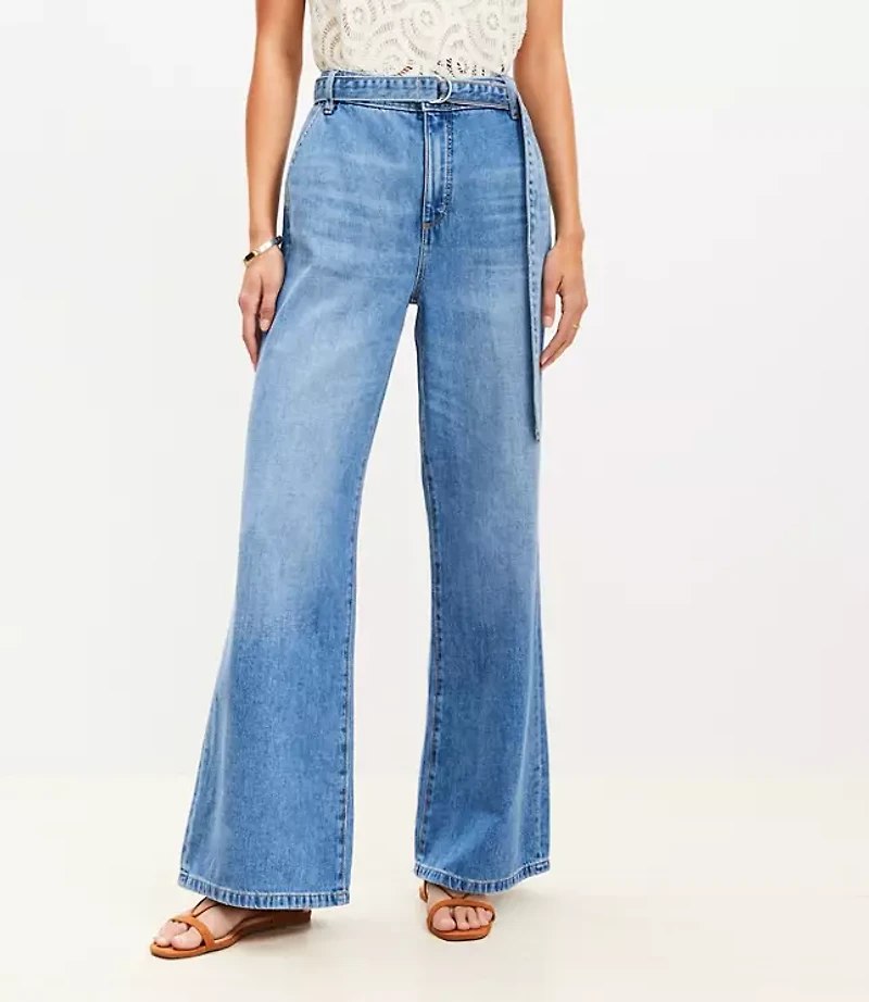 Petite Belted Palazzo Jeans Classic Mid Wash