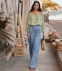 Petite Belted Palazzo Jeans Classic Mid Wash