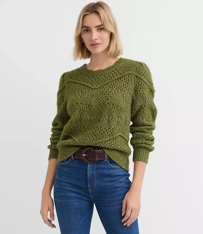 Scalloped Pointelle Puff Sleeve Sweater