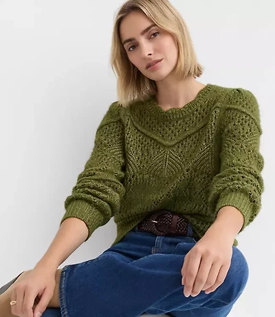 Scalloped Pointelle Puff Sleeve Sweater