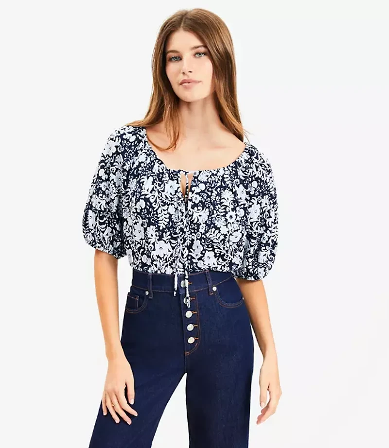 Petite Floral Tie Neck Bubble Sleeve Top