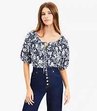 Petite Floral Tie Neck Bubble Sleeve Top