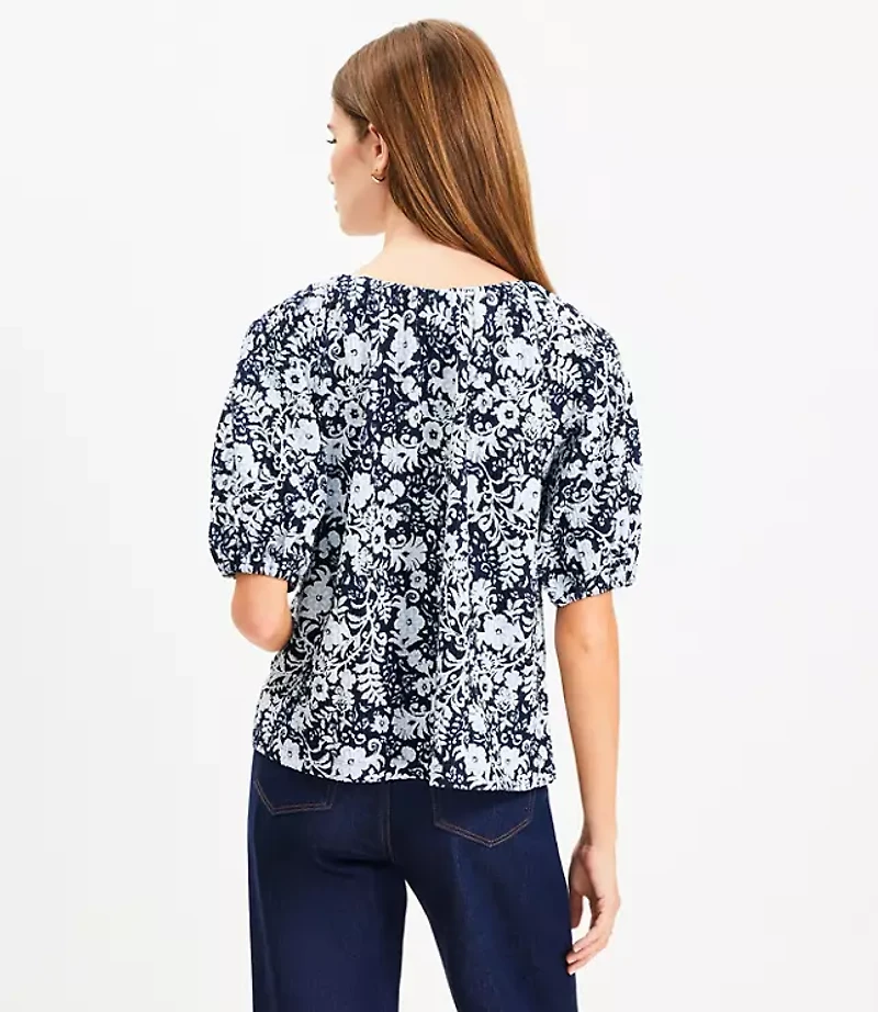 Petite Floral Tie Neck Bubble Sleeve Top