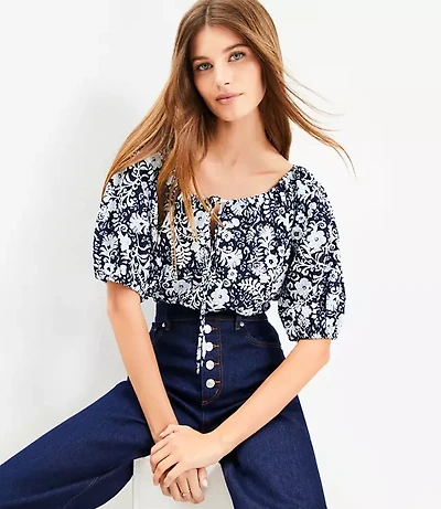 Petite Floral Tie Neck Bubble Sleeve Top