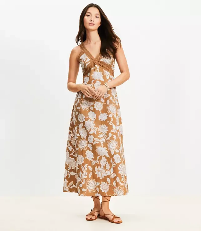 Petite Floral Lace Trim Linen Blend Midi Dress
