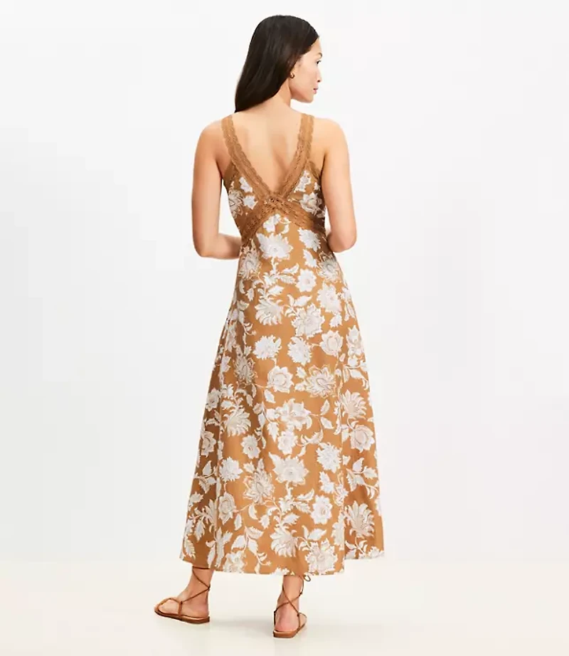 Petite Floral Lace Trim Linen Blend Midi Dress