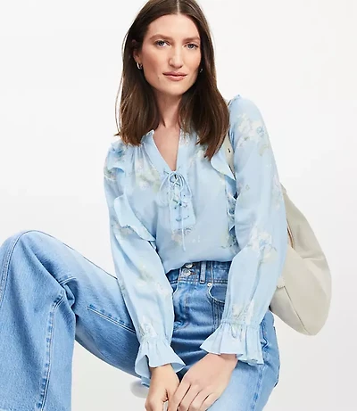 Floral Lace Up Ruffle Blouse