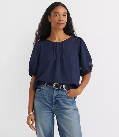 Striped Lace Trim Pintucked Blouse