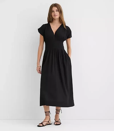 Petite LOFT Beach Crinkle Smocked Midi Pocket Dress