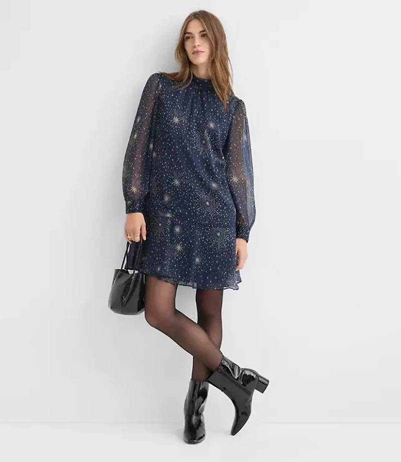 Shimmer Stripe Tie Neck Mini Flounce Dress