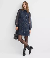 Shimmer Stripe Tie Neck Mini Flounce Dress