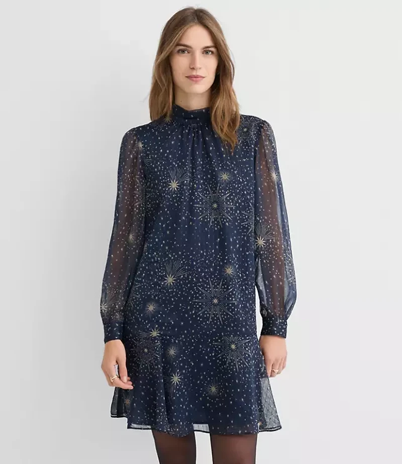 Shimmer Stripe Tie Neck Mini Flounce Dress