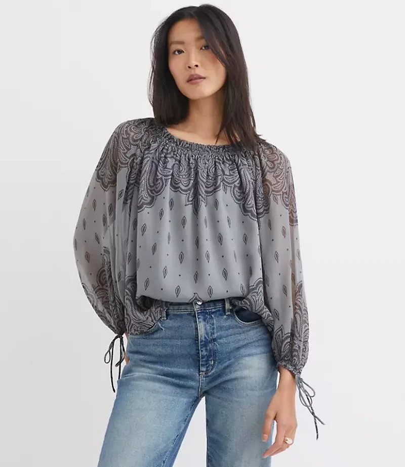 Petite Paisley Ruffle Neck Tie Cuff Blouse