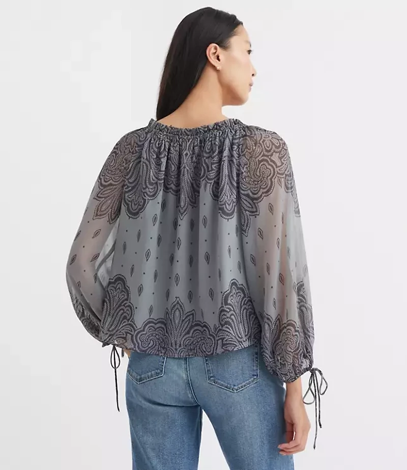 Petite Paisley Ruffle Neck Tie Cuff Blouse