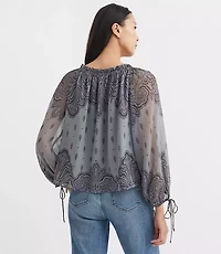 Petite Paisley Ruffle Neck Tie Cuff Blouse