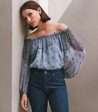 Petite Paisley Ruffle Neck Tie Cuff Blouse