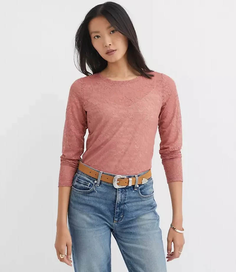Petite Floral Lace Long Sleeve Crew Neck Tee