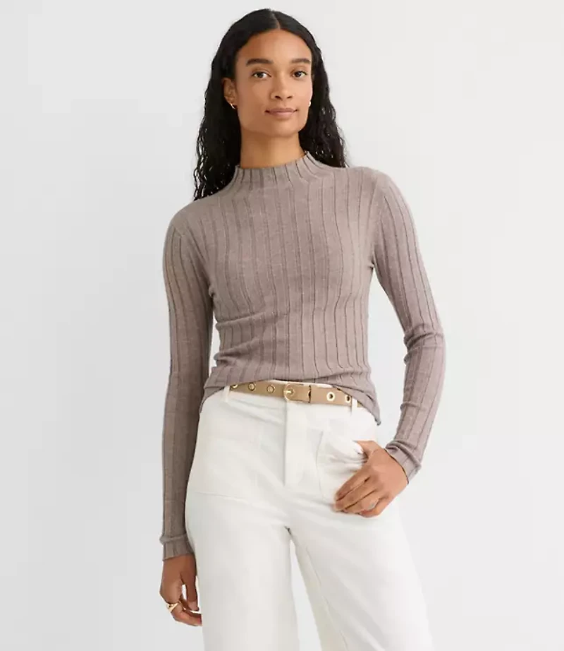 Petite Heathered Ribbed Mock Neck Sweater
