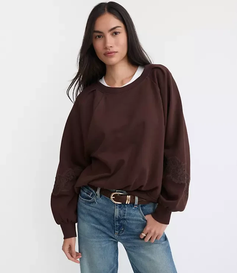 Petite Lace Trim Sleeve Sweatshirt