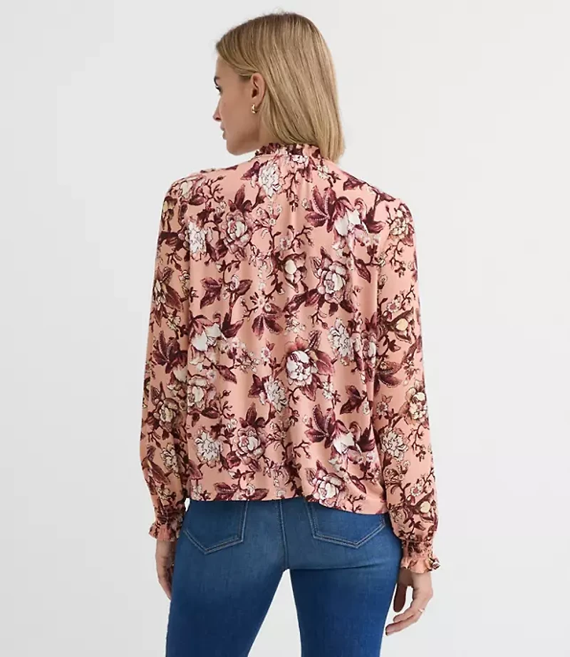 Floral Pintucked Ruffle Mixed Media Blouse