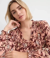 Floral Pintucked Ruffle Mixed Media Blouse