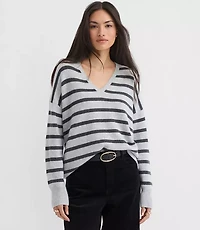 Petite Stripe Relaxed V-Neck Cashmere Sweater