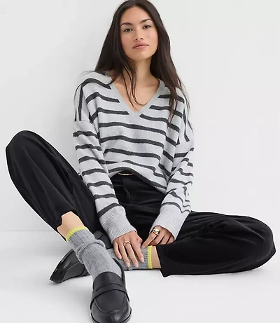 Petite Stripe Relaxed V-Neck Cashmere Sweater