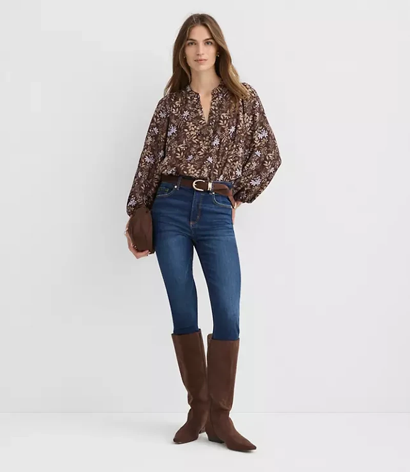 Petite Garden Blouson Sleeve Split Neck Blouse