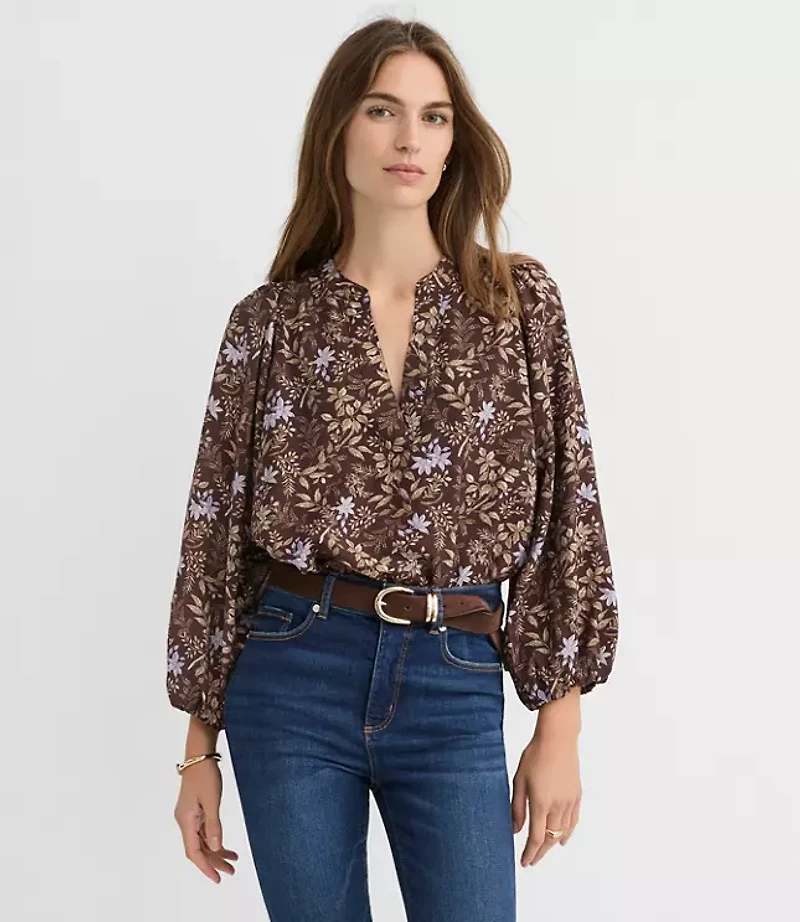 Petite Garden Blouson Sleeve Split Neck Blouse