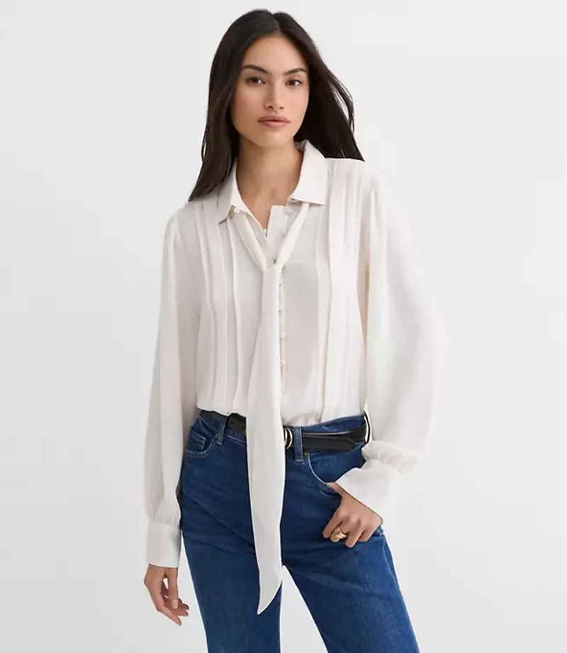 Petite Pleated Bow Blouse